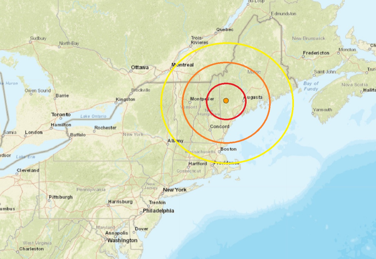 The epicenter of the latest earthquake to strike Maine struck at the orange dot inside the concentric circles. Image: USGS