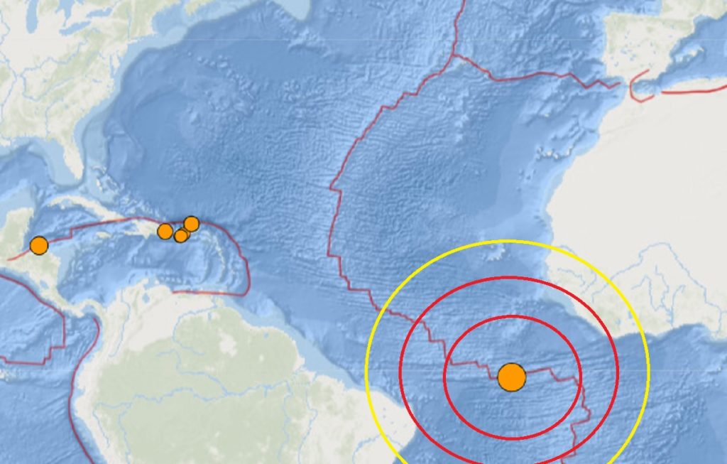 The epicenter for today's strong earthquake is at the orange dot inside the concentric circles on this map.  Image: USGS
