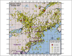 New York is no stranger to earthquakes; this map shows the epicenter of every earthquake from 1975 to 2017. Image: NESEC