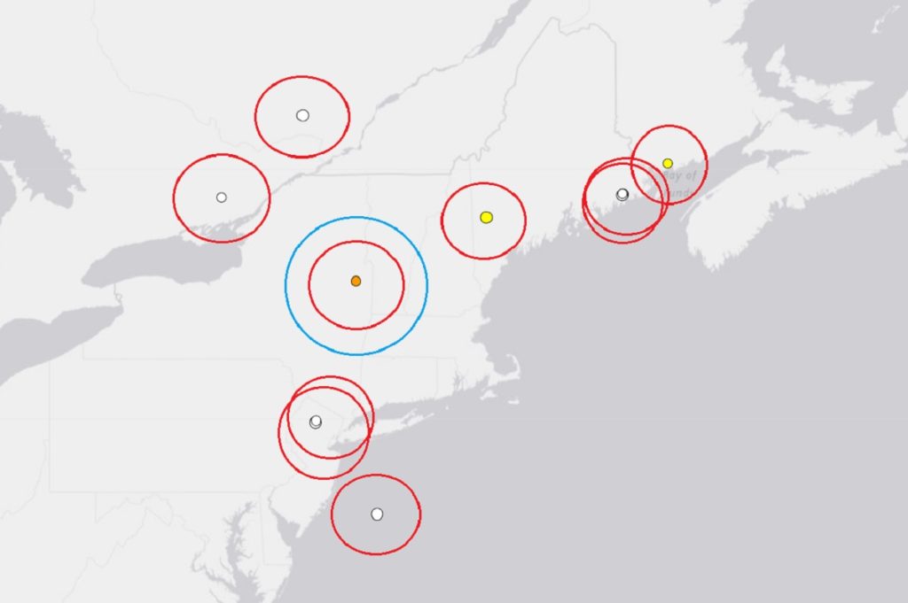 Each dot surrounded by a circle reflects the epicenter of an earthquake over the last 30 days; the earthquake with an additional blue circle is the most recent. Image: USGS