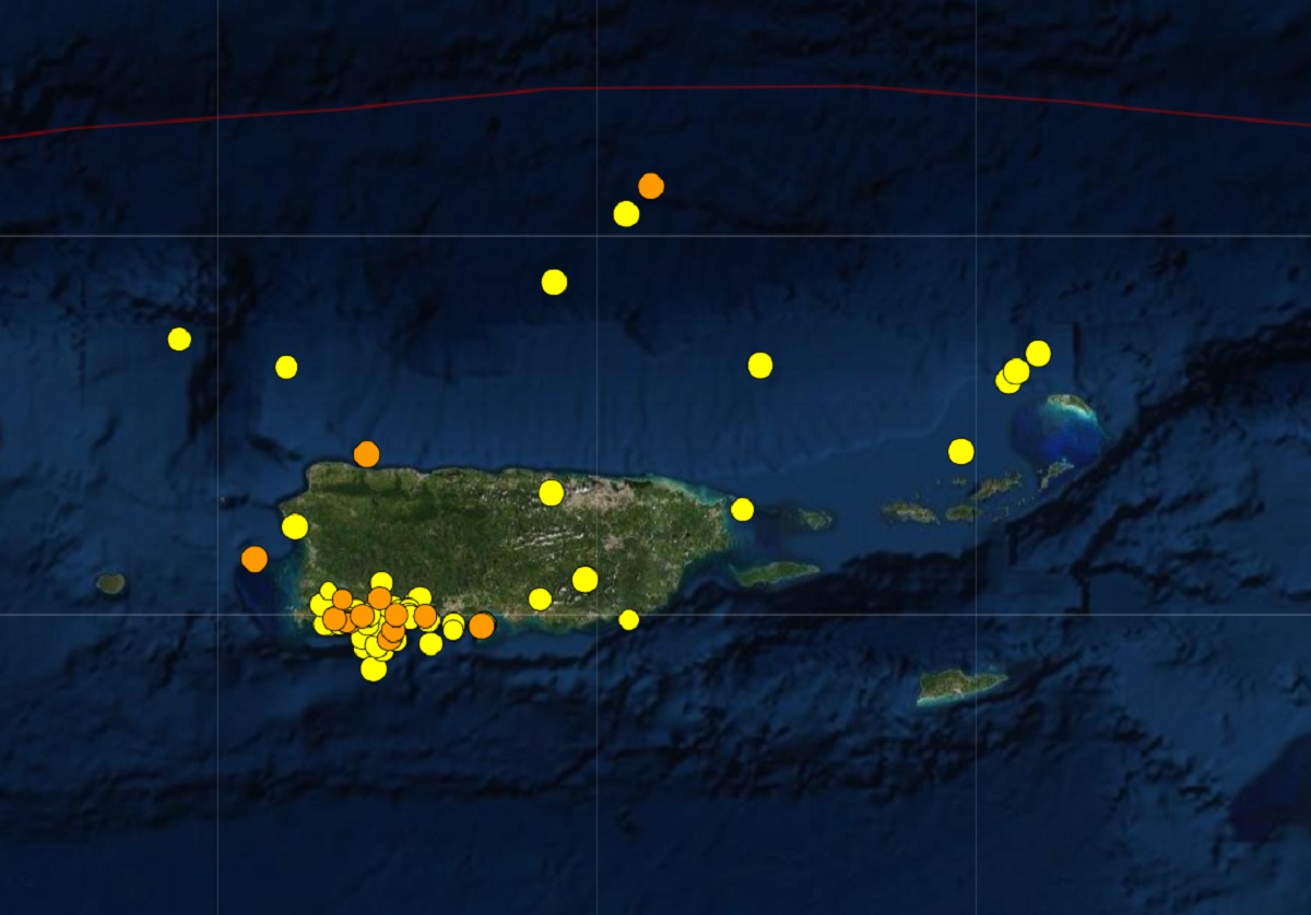 Each dot represents the epicenter of an earthquake over the last 7 days, with yellow dots reflecting older quakes while oranges ones are newer. Image: USGS