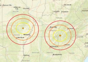 The epicenters for today's earthquakes is at the orange dot inside the concentric circles. Image: USGS