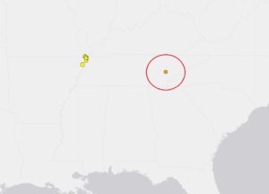 Today's earthquake was at the orange dot surrounded by the red circle. Other earthquakes from the last 7 days in Tennessee are depicted as yellow dots. Image: USGS