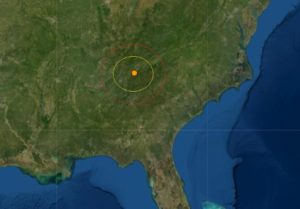 Today's earthquake in eastern Tennessee was centered at the orange dot inside these concentric circles. Image: USGS