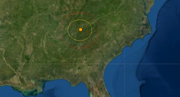 Today's earthquake in eastern Tennessee was centered at the orange dot inside these concentric circles. Image: USGS