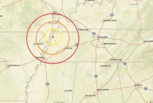 The epicenter of today's earthquake is located at the orange dot inside the concentric circles. Image: USGS