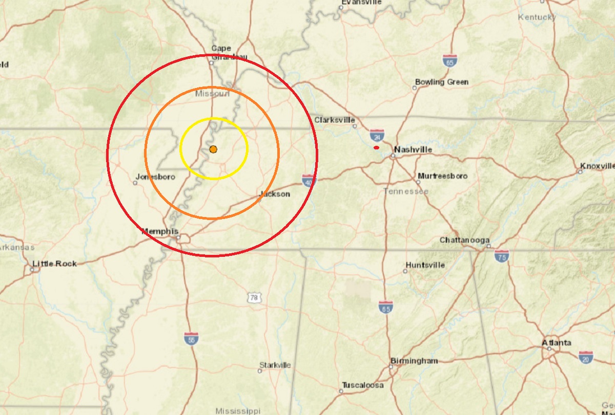 The epicenter of today's earthquake is located at the orange dot inside the concentric circles.  Image: USGS