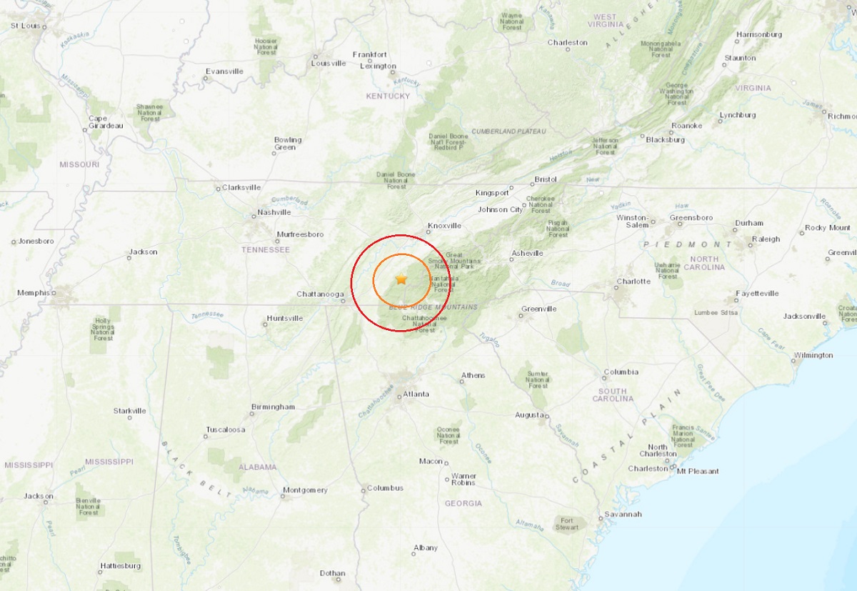 The overnight earthquake struck in the eastern part of Tennessee; the epicenter is shown here as an orange star inside concentric circles. Image: USGS