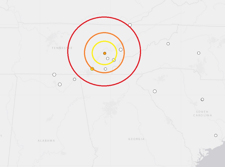 The epicenter of today's earthquake is at the dot within the concentric circles. Other earthquakes over the last month appear as dots on this map. Image: USGS