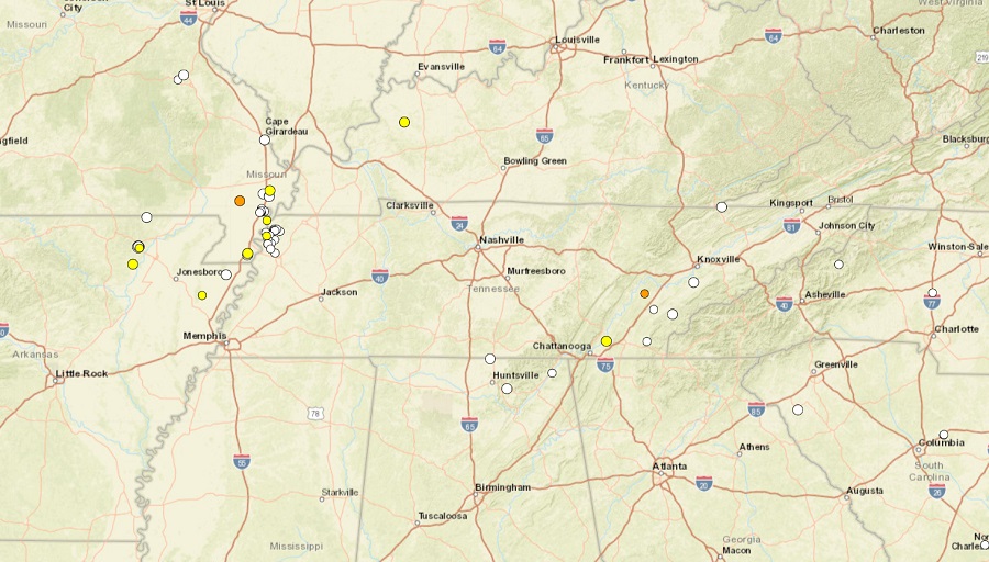 Dozens of earthquakes have struck near and around the New Madrid Seismic Zone in recent weeks. Each dot reflects the epicenter of a measured earthquake in the region over the last 30 days. Image: USGS