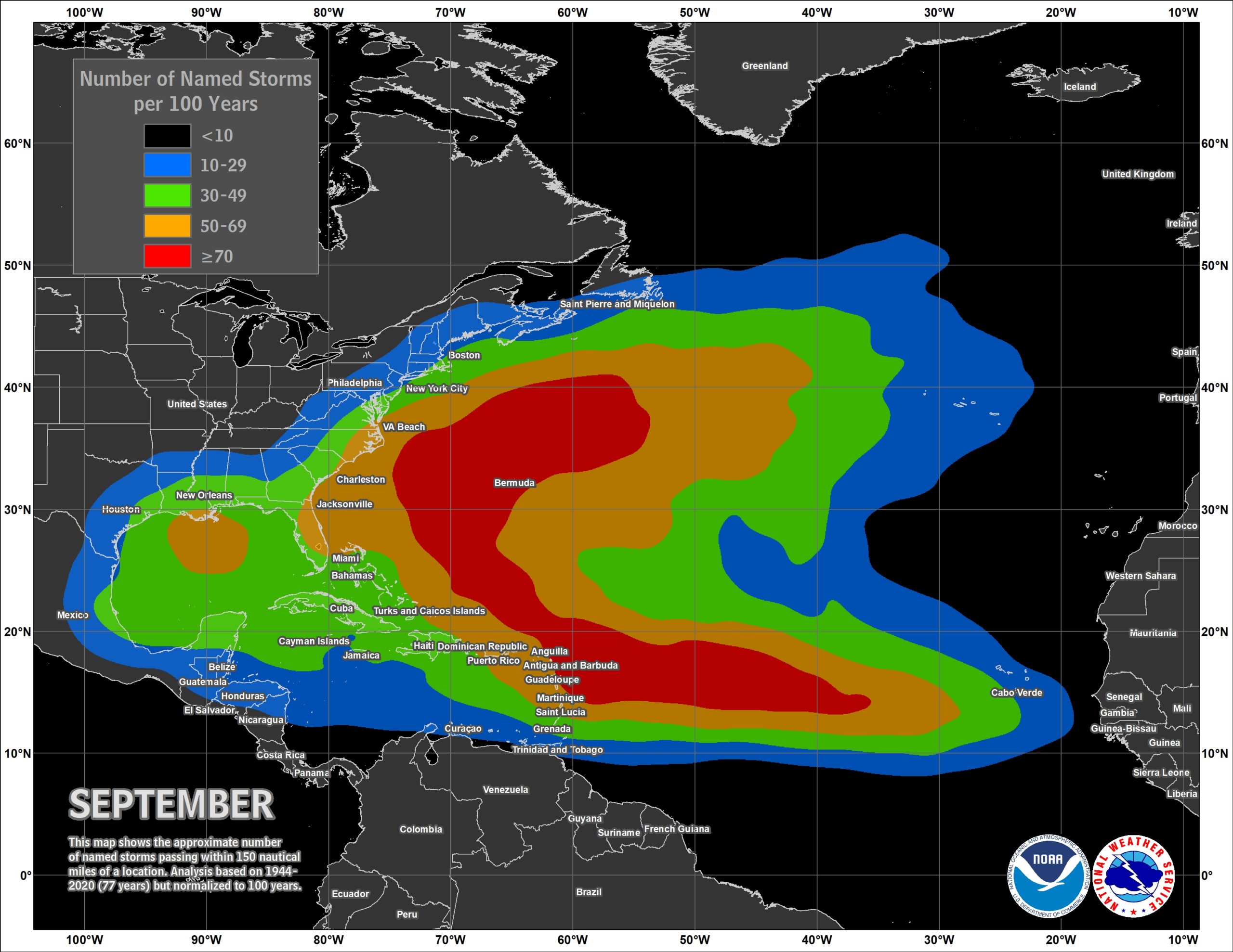 September is the peak of the hurricane season, and tropical storms and hurricanes can form and move about a broad area of the basin in a typical season. Image: NOAA
