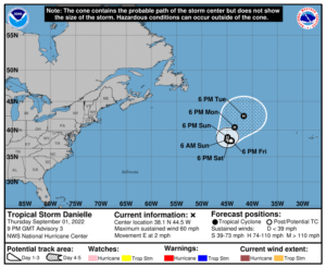 Latest forecast map for Danielle in the Atlantic Ocean. Image: NHC