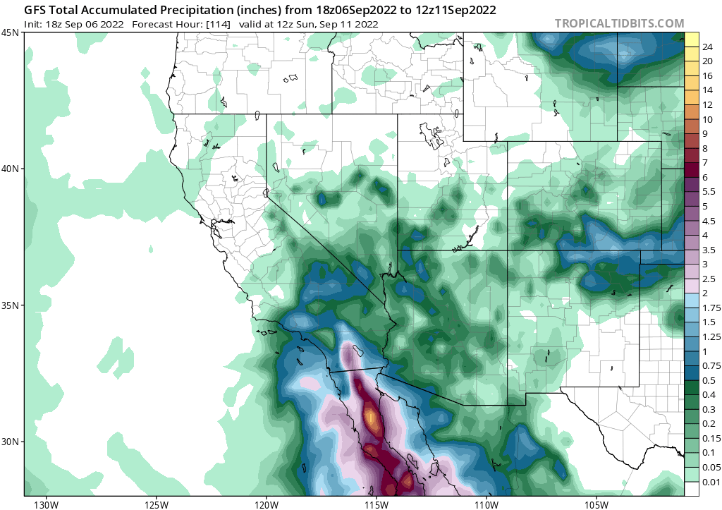 More than 6" of rain could fall over portions of southern California as moisture from Hurricane Kay moves north this weekend. Image: tropicaltidbits.com