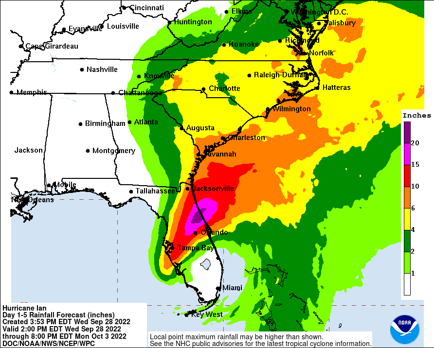 Some areas will see more than 2 feet of rain from Hurricane Ian.  Image: NHC