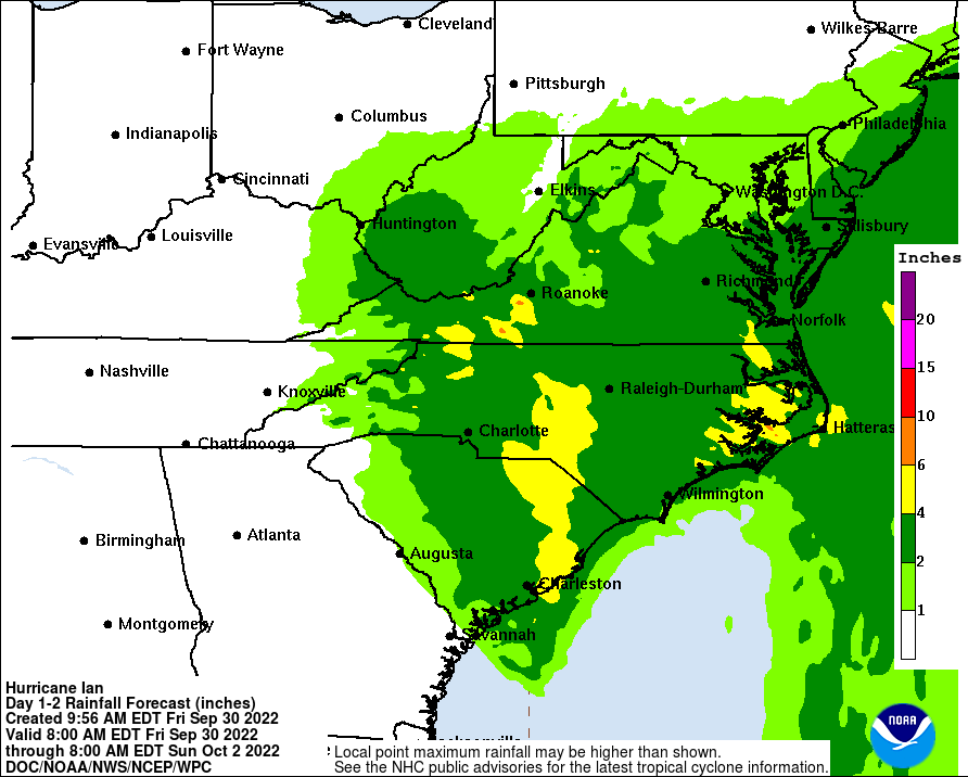 Heavy rains will likely fall across portions of the Carolinas and Virginia as the storm gradually falls apart in this region. Image: NHC
