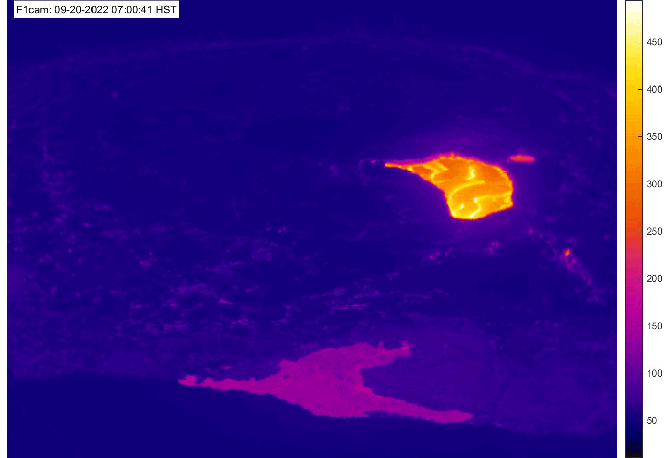 This animated GIF of images from the thermal F1cam on the west rim of Halemaʻumaʻu crater inside Kilauea Volcano shows changes to the crater floor from September 20-21, 2022. Increased seismicity and ground deformation rates likely represented a temporary blockage in the eruption of lava at Halemaʻumaʻu, causing pressurization below the surface. The lava lake level dropped 23-feet and the crater floor surrounding the lava lake also subsided by several yards. Once the blockage was cleared, eruption of lava resumed with new breakouts occurring on Halemaʻumaʻu crater floor. Image: USGS/HVO