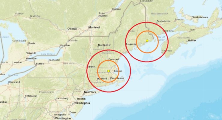 In the last 7 days, 2 earthquakes have hit the northeast. The most recent happened west of Boston Saturday afternoon. This map shows the epicenter of each quake; the yellow dot inside the concentric circles represents the center of each quake. Image: USGS