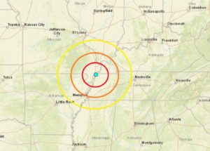 Today's earthquake struck in the heart of the New Madrid Seismic Zone; the blue dot inside the concentric circles represents where the epicenter was. Image: USGS