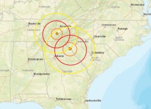 Two earthquakes hit moments apart this morning in Tennessee and Georgia; the epicenter of each is located at the orange dot inside the concentric circles. Image: USGS