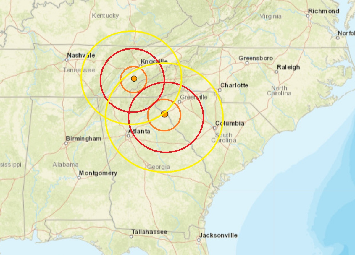 Two earthquakes hit moments apart this morning in Tennessee and Georgia; the epicenter of each is located at the orange dot inside the concentric circles. Image: USGS