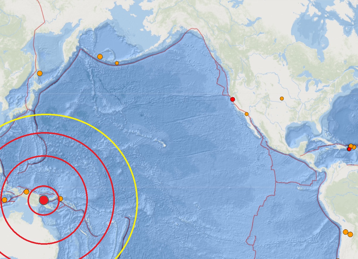 The epicenter of today's earthquake is in the middle of the concentric circles on this map. Other recent earthquake epicenters also appear as dots on this map. Image: USGS
