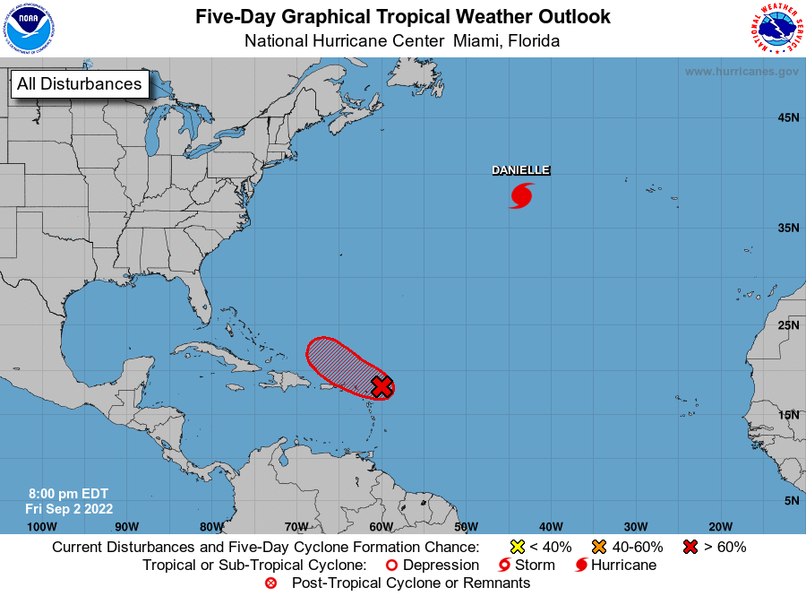 The National Hurricane Center is tracking a disturbance north of the Caribbean in addition to Hurricane Danielle. Image: NHC