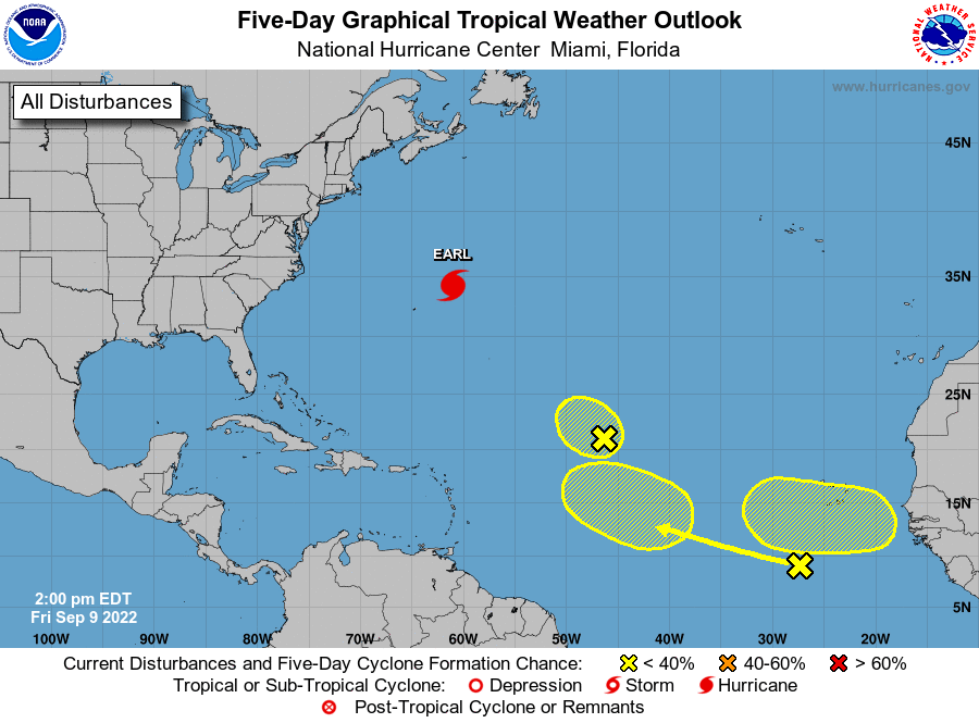 The latest Tropical Outlook shows three areas in yellow that are being tracked by the National Hurricane Center for possible tropical cyclone development. Image: NHC