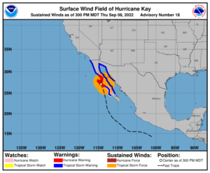 Current warnings and wind field for Kay. Image: NHC