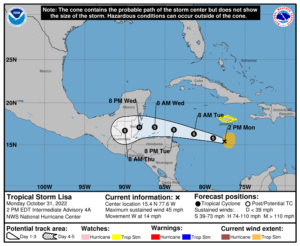 Latest forecast track from the National Hurricane Center for Lisa.  Image: NHC