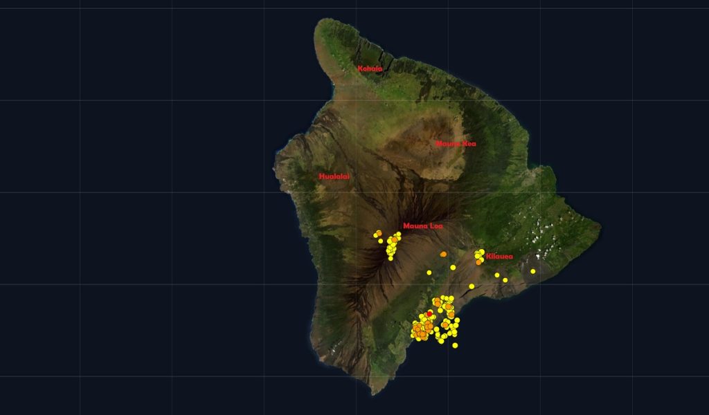 This map reflects the epicenter of every earthquake to strike the Big Island of Hawaii or adjacent coastal waters over the last 7 days. Yellow dots are the oldest, orange at the most recent, and red is the last earthquake observed by USGS. Image: USGS