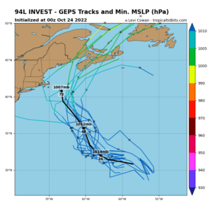 Computer modeled potential paths of the disturbance near Bermuda today suggest possible impacts to Atlantic Canada or New England in the coming days. Image: tropicaltidbits.com