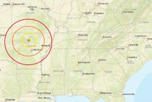 The epicenter of today's earthquake in Arkansas struck at the orange dot inside the concentric circles. Image: USGS