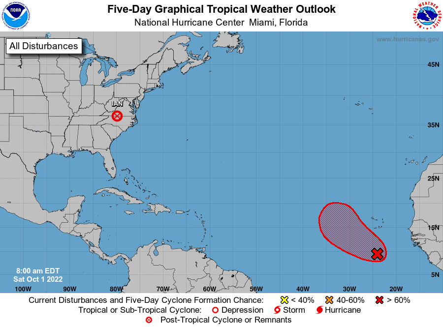 Current Tropical Outlook from the National Hurricane Center shows no threats to North America for the next 5 days from tropical cyclones.  Image: NHC