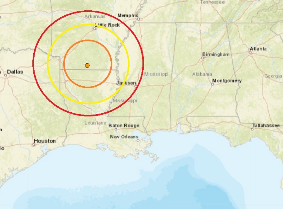The epicenter for the Arkansas earthquake is located at the orange dot inside the concentric circles.  Image: USGS