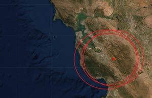 The epicenter of today's California earthquake and subsequent aftershocks is located near the dots inside the concentric circles. Image: USGS