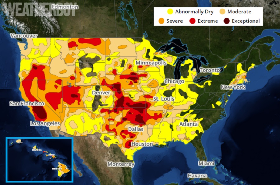 Latest Drought Monitor map for the Continental United States and Hawaii. Image: weatherboy.com