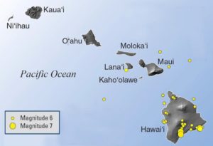 This map reflects magnitude 6 and greater earthquake events to strike in/around Hawaii since records were kept in 1868. Image: USGS