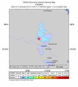 Several communities around the RIchmond area felt the earthquake shortly after midnight. Image: USGS
