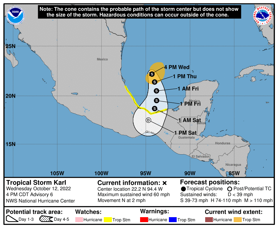 Latest forecast track for Tropical Storm Karl. Image: NHC