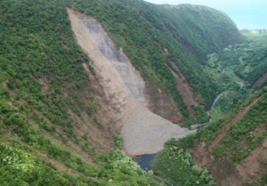 The 2006 earthquake generated a massive rockslide which diverted the course of the Honokane Nui Stream in northeast Hawaii. Image: USGS