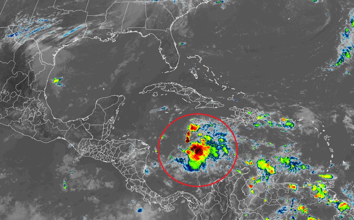 Tropical Storm Lisa, circled in red, is gaining strength in the Caribbean.  Image: NOAA