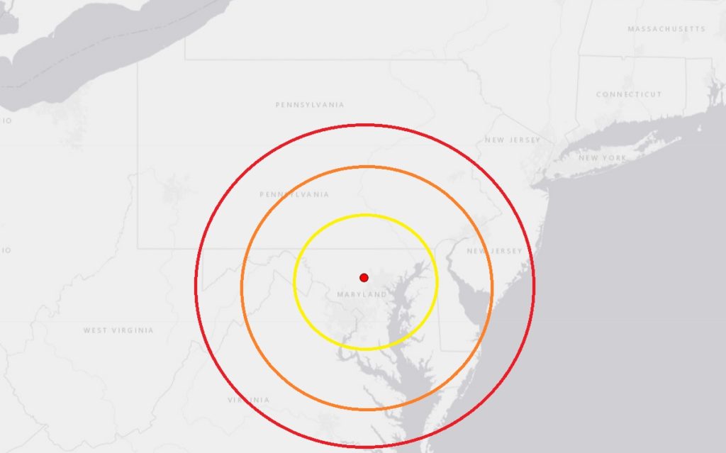 The Maryland earthquake's epicenter is located at the star inside the concentric circles on this map. Image: USGS