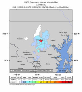 Shaking was felt west of Baltimore from tonight's earthquake in Maryland. Image: USGS