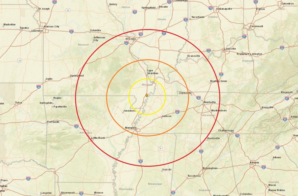 Today's earthquake had an epicenter at the orange dot inside the colored concentric rings. Image: USGS