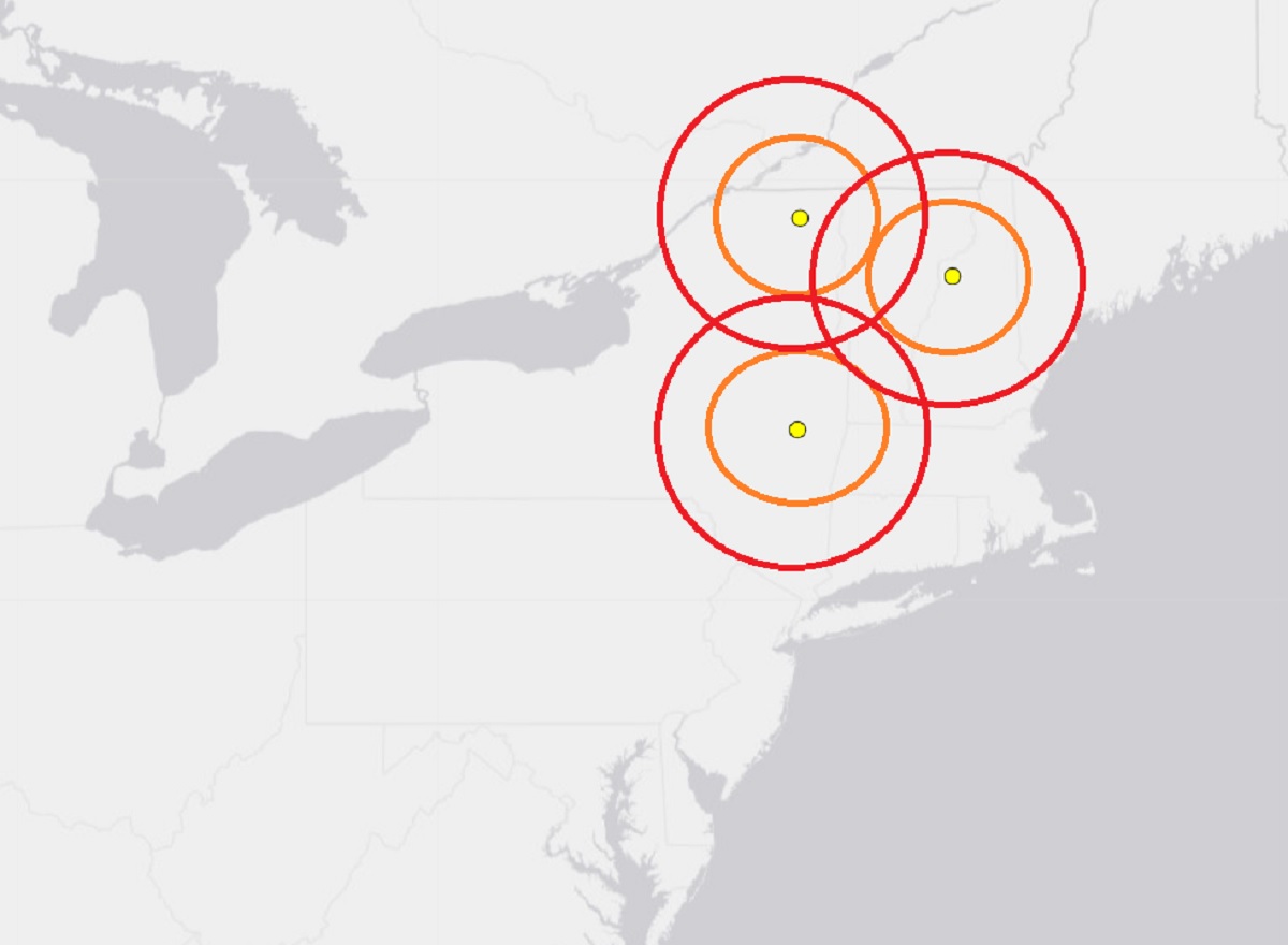 Earthquakes struck New York and New Hampshire last week; the epicenter of each is at the dot inside the concentric circles. Image: USGS