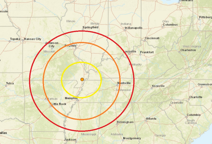 The epicenter of today's earthquake is at the orange dot inside the concentric colored circles. Image: USGS
