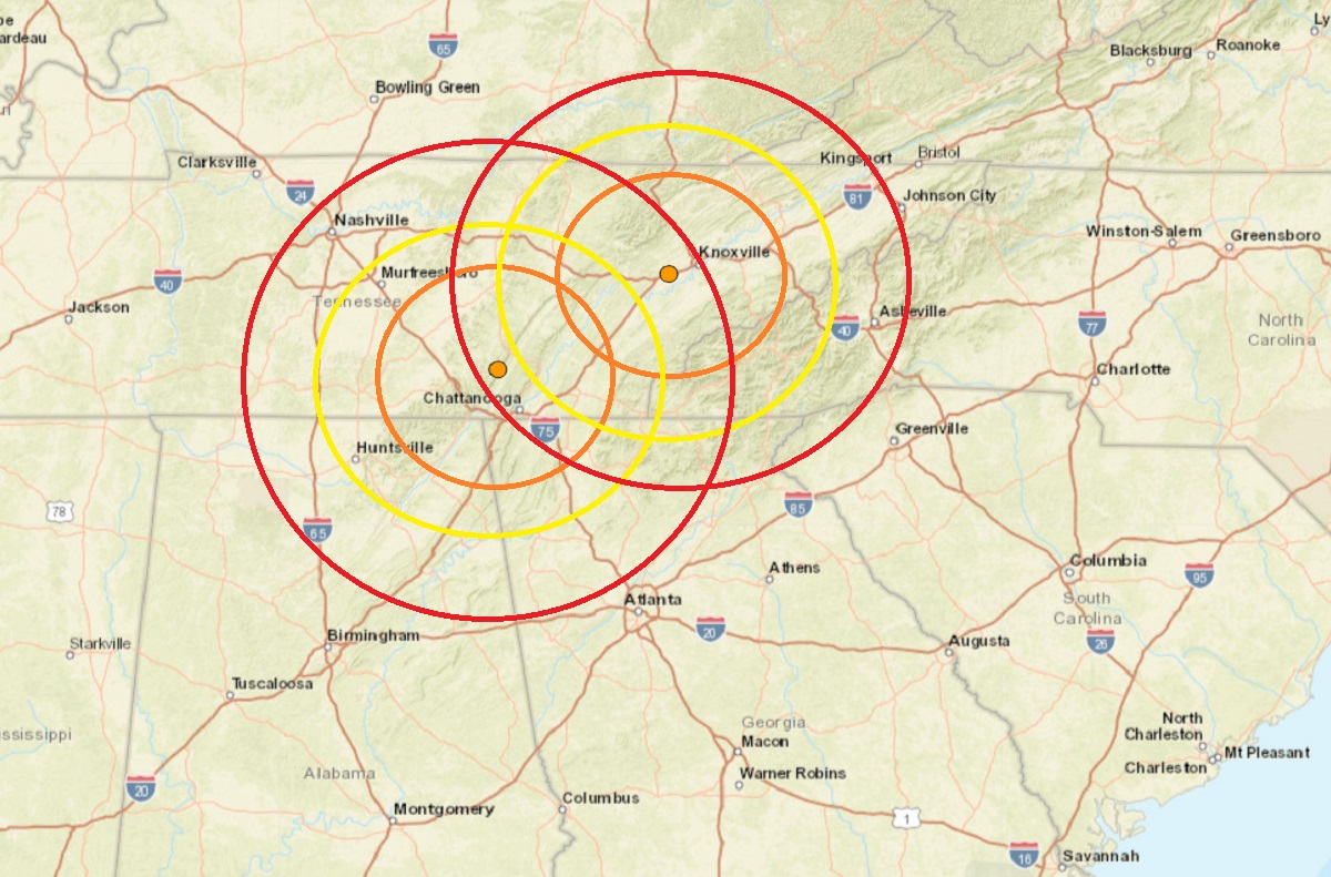 A pair of earthquakes struck central portions of Tennessee today.  The epicenter of each quake is at the orange dot in the middle of the concentric circles.  Image: USGS