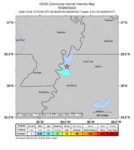 Reports of shaking from today's earthquake came in from northwestern Tennessee. Image: USGS