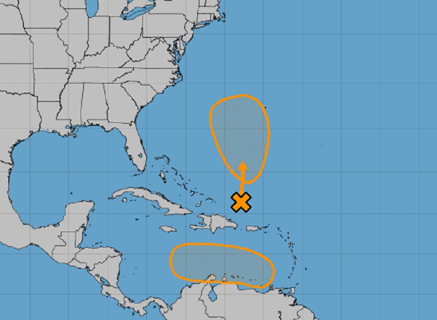 The areas in orange will be closely watched by the National Hurricane Center for any tropical cyclone development this week. Image: NHC