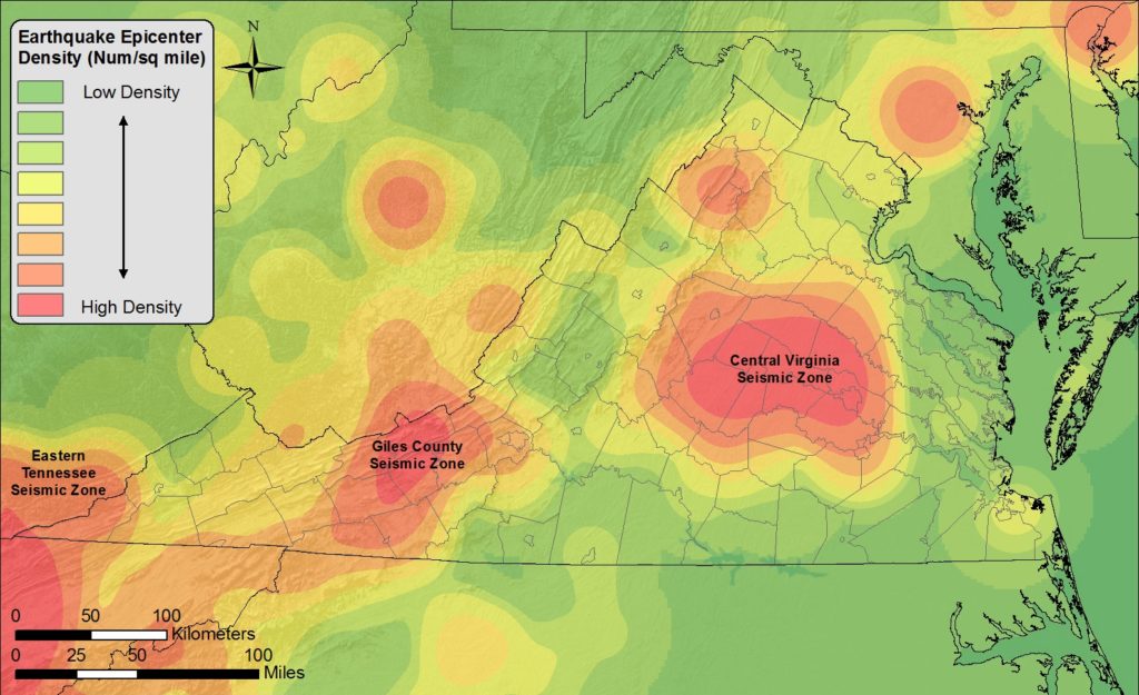 Earthquakes have been recorded in Virginia for hundreds of years. Most events relate to three distinct seismic zones. Image: Virginia Department of Emergency Management